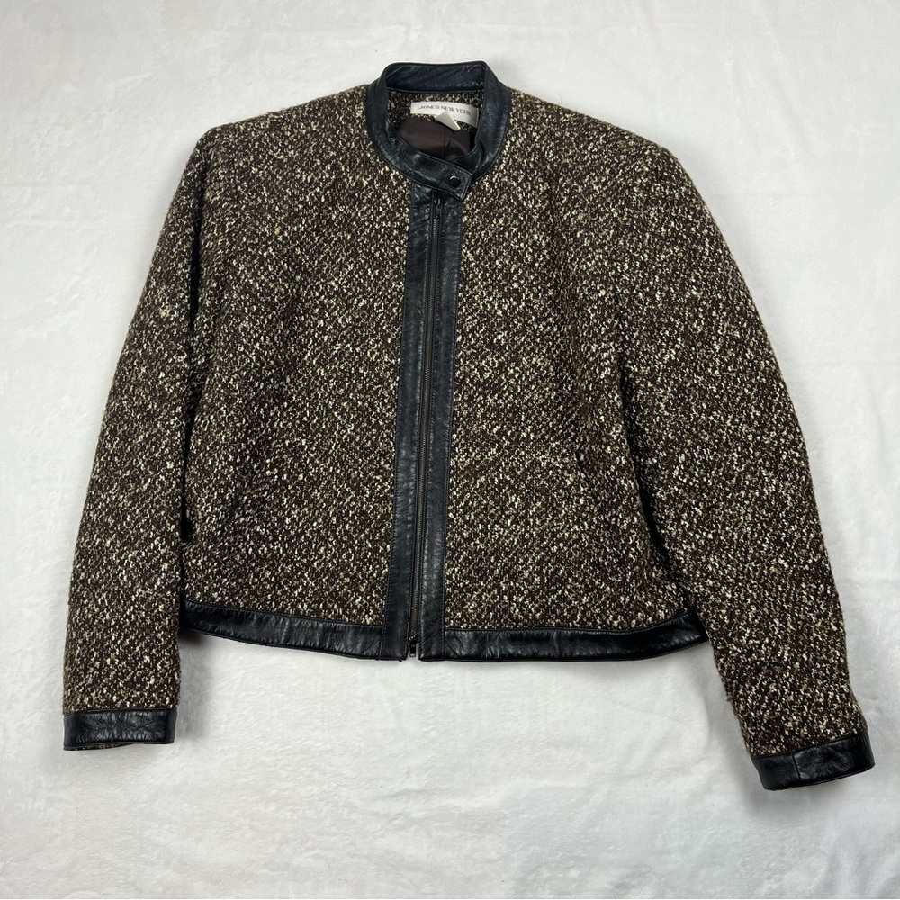 JONES NEW YORK wool tweed moto zip-up jacket with 100% leather trim - size 18W